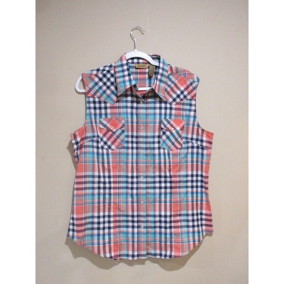 Womens Wrangler Sleeveless Pearl Snap button up shirt Western style Large - Picture 1 of 6